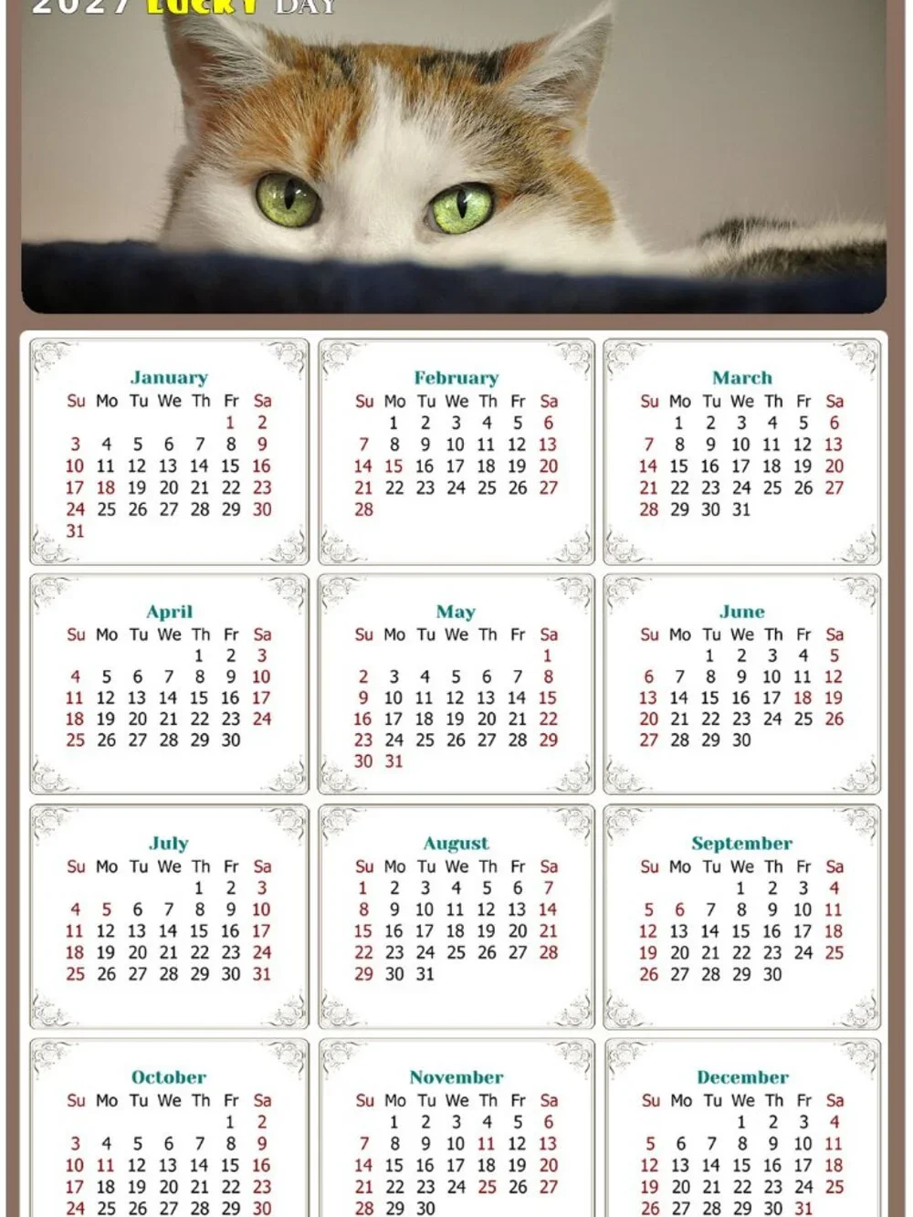 2027 Magnetic Calendar - Today is my Lucky Day - Cat Themed 012 (7 x 10.5)